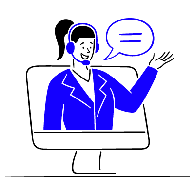 Illustration_assistante_de_vente Illustration d'une personne avec un casque micro, apparaissant sur un écran d'ordinateur et s'exprimant via une bulle de dialogue.