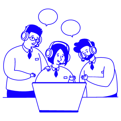 Illustration_entreprise Illustration de trois personnes avec des casques, échangeant devant un ordinateur.